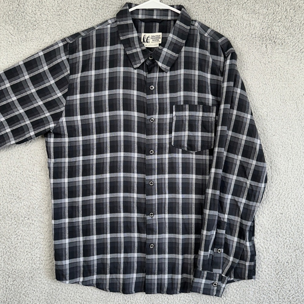 Marmot Mountain Works Mens Large Shirt Button Up Gray Black Plaid Flannel EUC